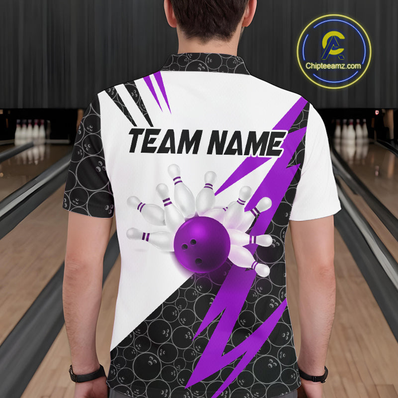 Black and White Bowling Polo, Quarter Zip Shirt for Men Custom Lightning Team bowling jersey | Purple NQS10003