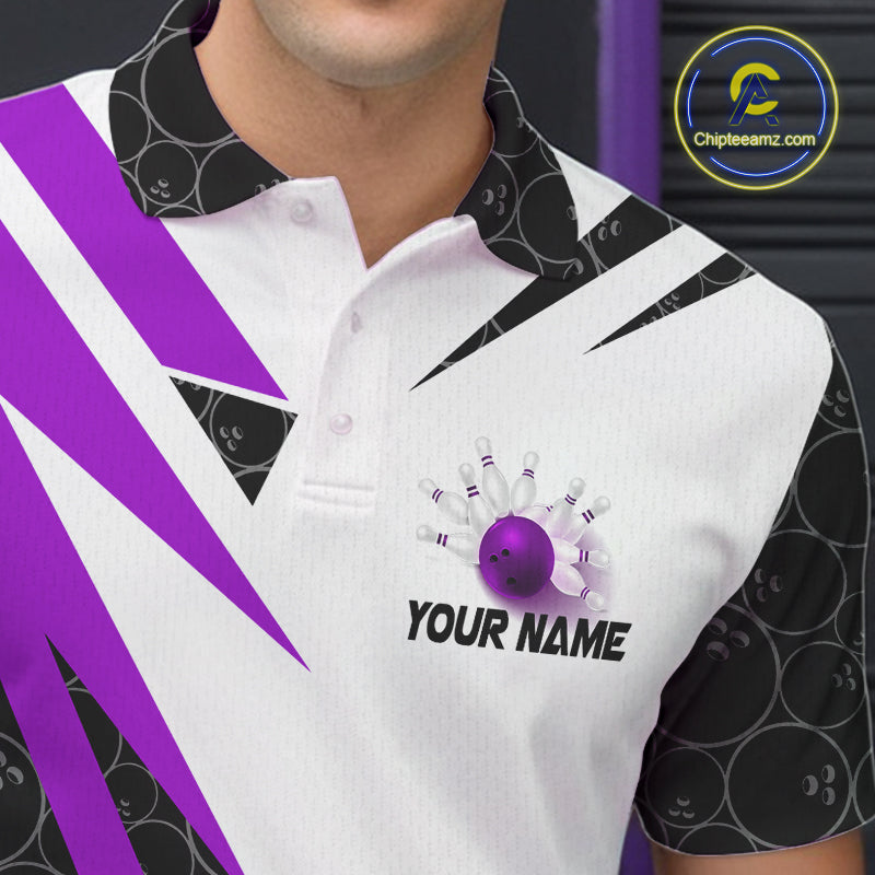 Black and White Bowling Polo, Quarter Zip Shirt for Men Custom Lightning Team bowling jersey | Purple NQS10003