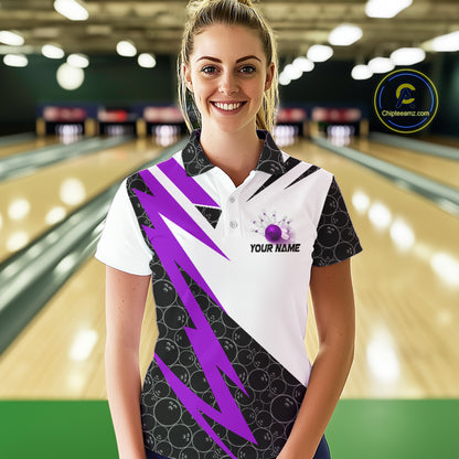 Black & White Bowling Polo, Quarter Zip Shirt for Women Custom Lightning Team bowling jersey | Purple NQS10003