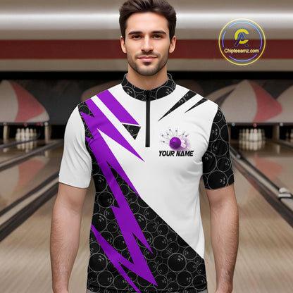 Black and White Bowling Polo, Quarter Zip Shirt for Men Custom Lightning Team bowling jersey | Purple NQS10003