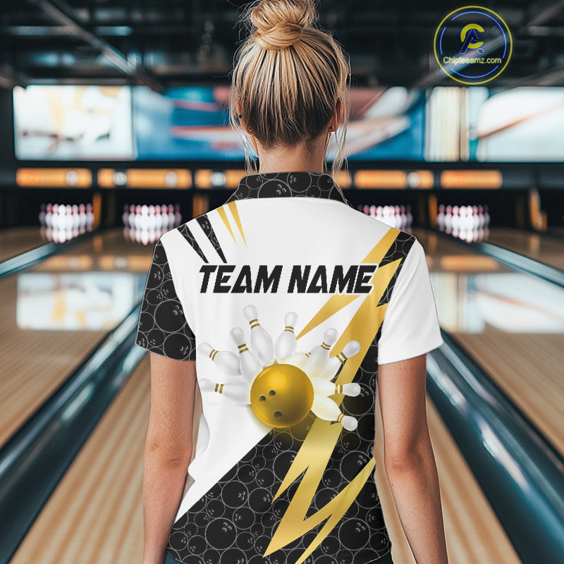 Black & White Bowling Polo, Quarter Zip Shirt for Women Custom Lightning Team bowling jersey | Gold NQS10004