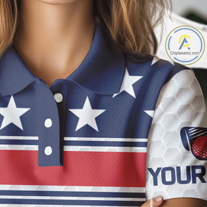 Red, White and Blue American Flag Womens golf polo shirts custom patriotic golf attire for ladies NQS10006