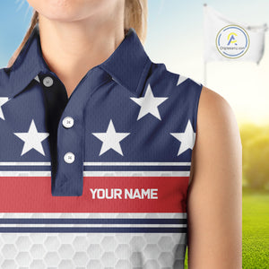 Red, White and Blue American Flag Women sleeveless golf polo shirt custom patriotic ldies golf attire NQS10006