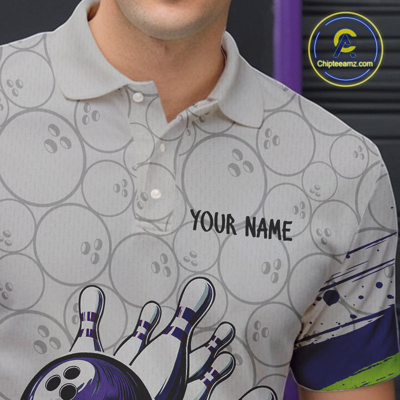 Purple and Green Bowling Camo Polo, 1/4 Zip Shirt for Men Custom Team bowling jersey gift for bowlers NQS10008