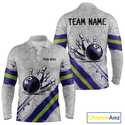 Purple and Green Bowling Camo Polo, 1/4 Zip Shirt for Men Custom Team bowling jersey gift for bowlers NQS10008