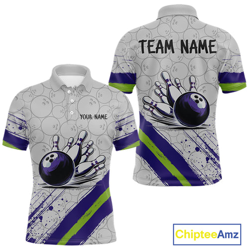 Purple and Green Bowling Camo Polo, 1/4 Zip Shirt for Men Custom Team bowling jersey gift for bowlers NQS10008