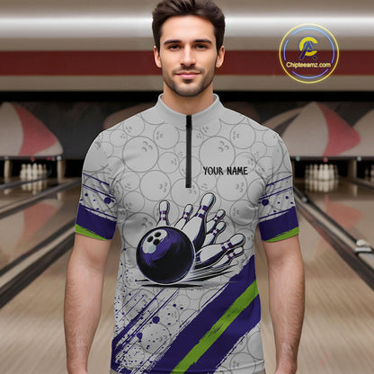 Purple and Green Bowling Camo Polo, 1/4 Zip Shirt for Men Custom Team bowling jersey gift for bowlers NQS10008