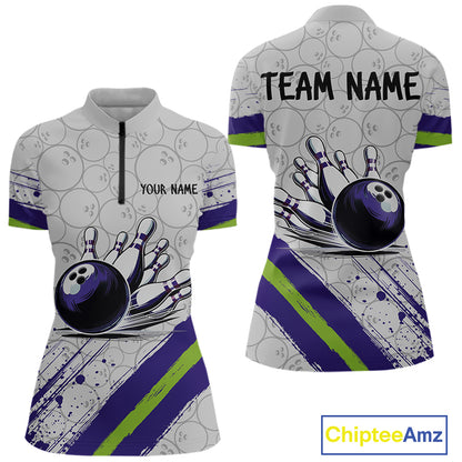 Purple and Green Bowling Camo Women Polo, 1/4 Zip Shirt Custom Team bowling jersey gift for bowlers NQS10008