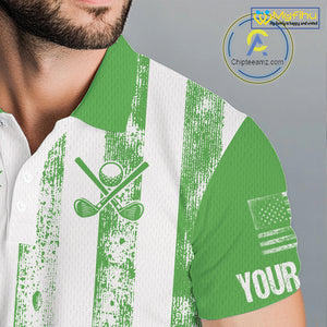 Personalized Green & White American Flag Retro Men golf polo shirts Custom Patriotic golf top for men NQS10309