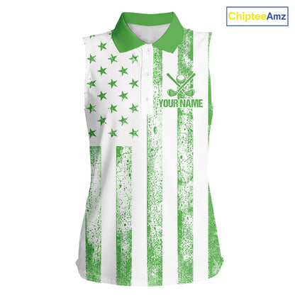 Personalized Green & White American Flag Retro Women sleeveless polo shirt Patriotic laies golf top NQS10309