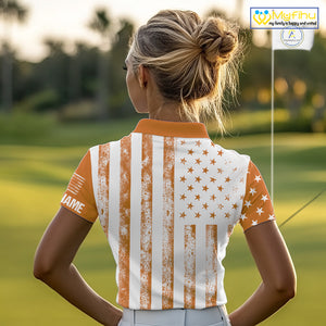 Personalized Orange White American Flag Retro Women golf polo shirt Custom Patriotic ladies golf top NQS10310