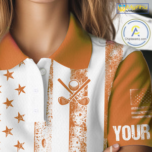 Personalized Orange White American Flag Retro Women golf polo shirt Custom Patriotic ladies golf top NQS10310