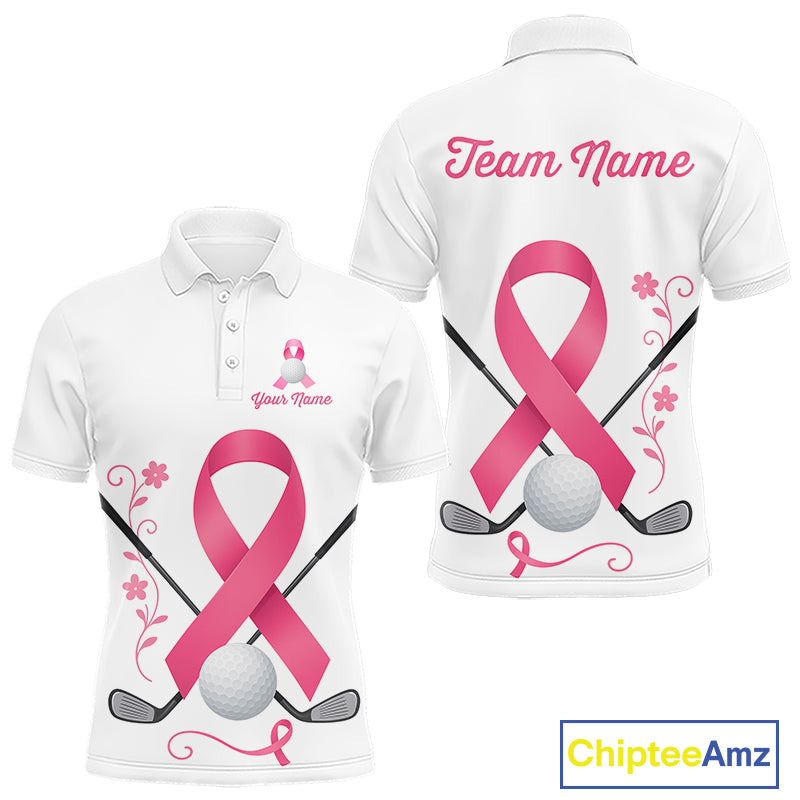 Pink ribbon golf ball clubs Mens polo golf shirts Custom Breast cancer awareness team golf jerseys NQS10506