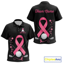 Load image into Gallery viewer, Pink ribbon golf ball clubs Black Kid polo golf shirt Custom Breast cancer awareness team golf jersey NQS10507
