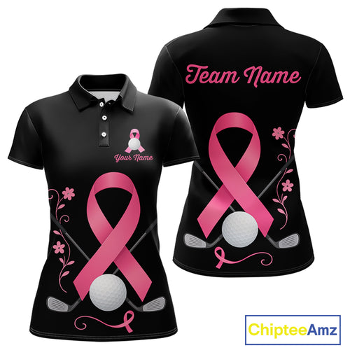 Pink ribbon golf ball clubs Black Women polo golf shirts Custom Breast cancer team golf jerseys NQS10507