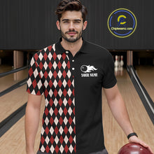 Load image into Gallery viewer, Black and Red Argyle Pattern Retro Bowling Polo, Quarter Zip Shirt for Men Custom Team Bowling Outfit NQS10510