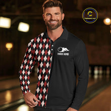 Load image into Gallery viewer, Black and Red Argyle Pattern Retro Bowling Polo, Quarter Zip Shirt for Men Custom Team Bowling Outfit NQS10510