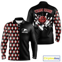 Load image into Gallery viewer, Black and Red Argyle Pattern Retro Bowling Polo, Quarter Zip Shirt for Men Custom Team Bowling Outfit NQS10510