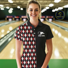 Load image into Gallery viewer, Black and Red Argyle Pattern Retro Women Bowling Polo, Quarter Zip Shirt Custom Team Bowling Outfit NQS10510
