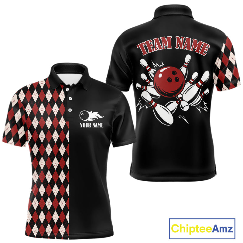 Black and Red Argyle Pattern Retro Bowling Polo, Quarter Zip Shirt for Men Custom Team Bowling Outfit NQS10510