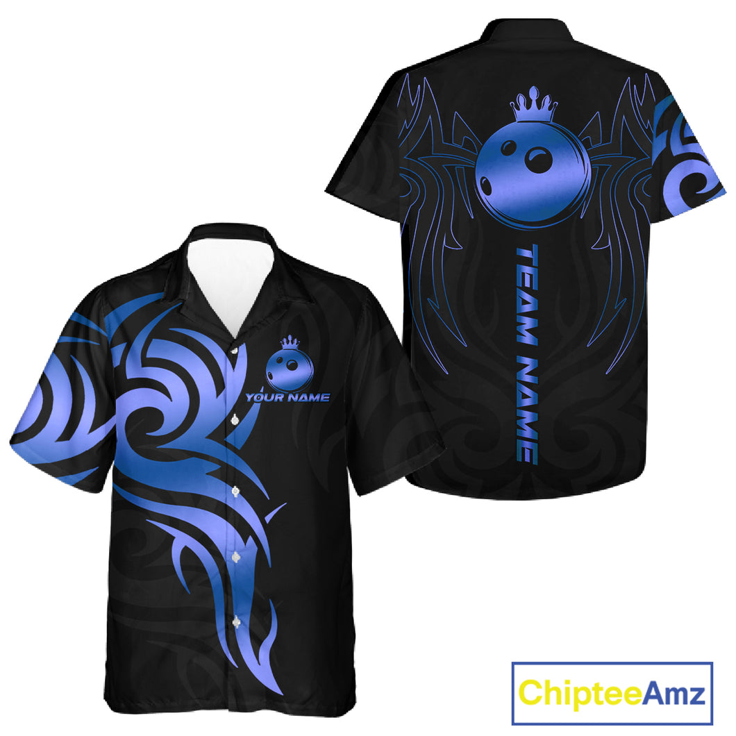 Black and Blue crown Bowling ball Hawaiian Shirt Custom Bowling Team Button Up Shirt NQS10730