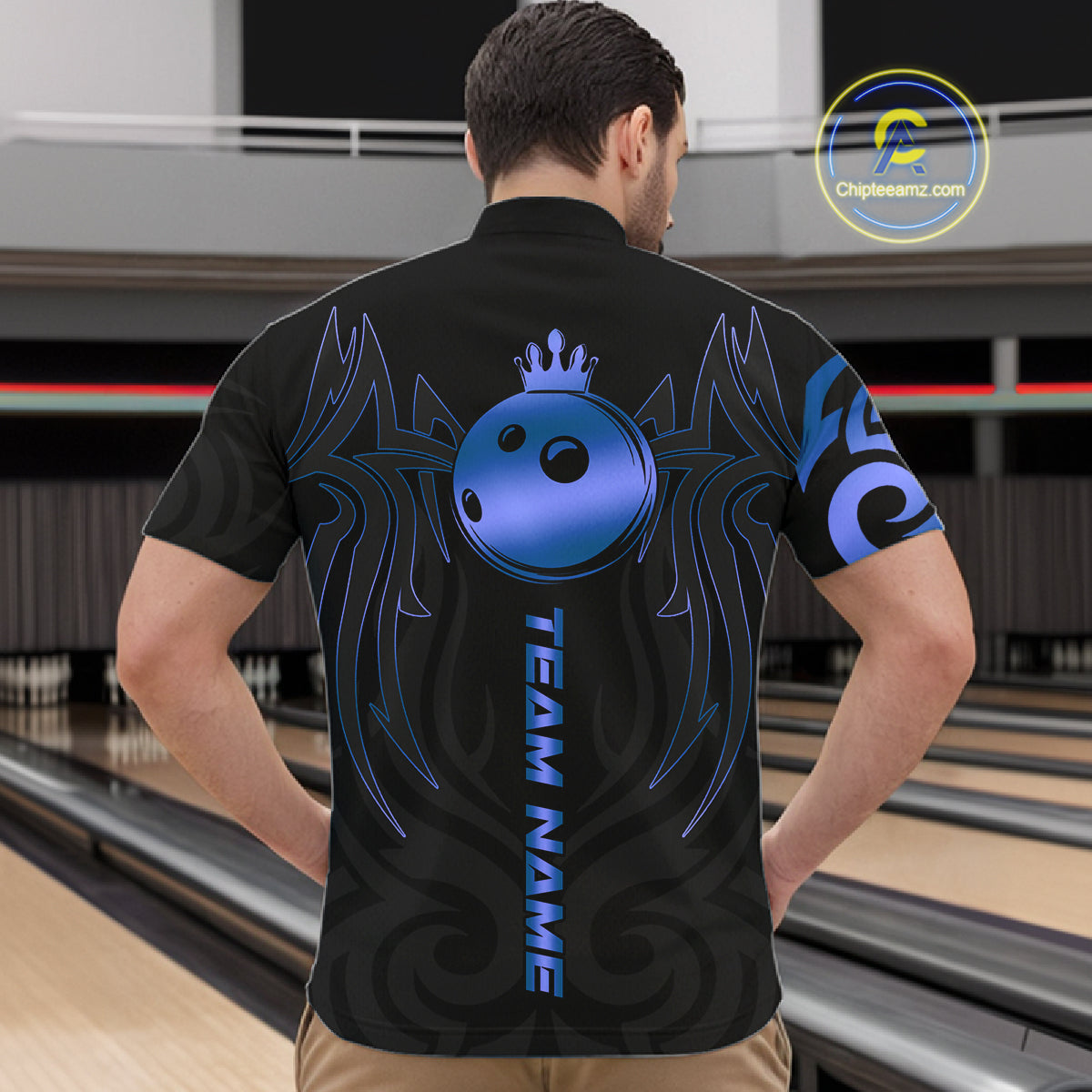 Black and Blue crown Bowling ball Polo, Quarter Zip Shirts for Men Custom Bowling Team jerseys NQS10730