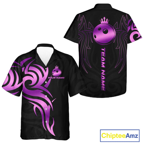 Black and Purple crown Bowling ball Hawaiian Shirt Custom Bowling Team Button Up Shirt NQS10732