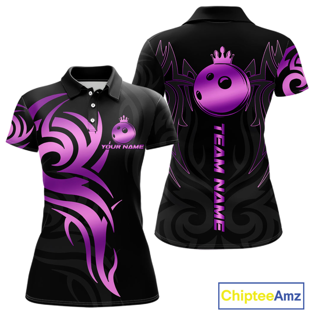 Black and Purple crown Bowling ball Polo, Quarter Zip Shirts for Women Custom Bowling Team jerseys NQS10732