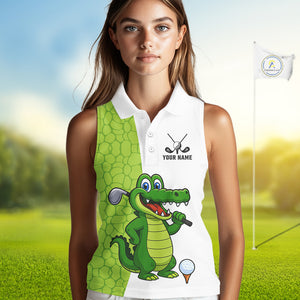 Green & White Funny Alligator Women Sleeveless Polo Shirt Custom ladies's golf apparel golf gifts NQS10738