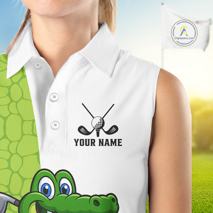 Green & White Funny Alligator Women Sleeveless Polo Shirt Custom ladies's golf apparel golf gifts NQS10738