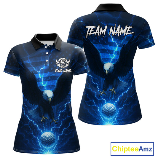 Blue lightning Thunder American Flag Eagle Golf Polo Shirt For Women Custom ladies golf outfit NQS10737