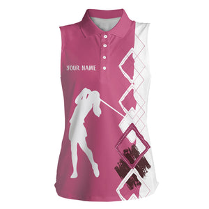 Pink & white argyle pattern Women Sleeveless polo Shirt Custom golf attire for ladies team golf shirt NQS9023