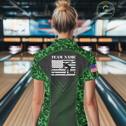 Women Bowling Polo, Quarter Zip Shirts Custom green camo American flag team bowling League Jerseys NQS11117