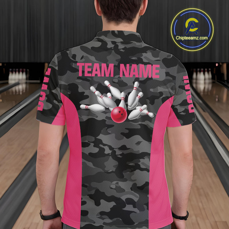 Mens bowling polo, 1/4 zip shirts Custom gray camo Bowling Team Jersey, Bowling League Shirt | Pink NQS11118