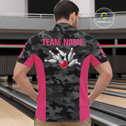 Mens bowling polo, 1/4 zip shirts Custom gray camo Bowling Team Jersey, Bowling League Shirt | Pink NQS11118