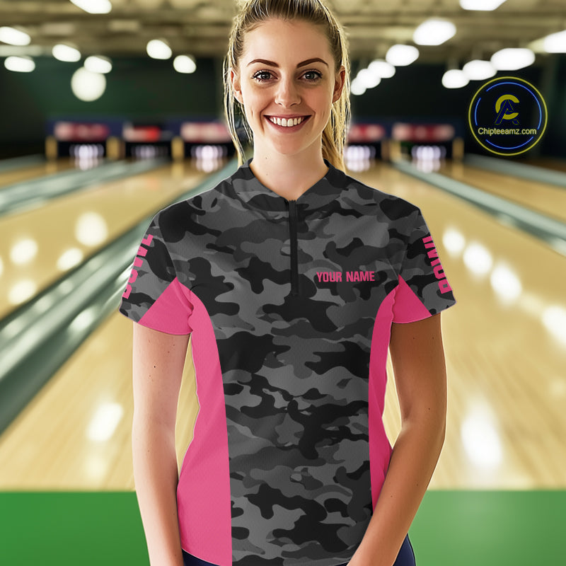 Women bowling polo, 1/4 zip shirts Custom gray camo Bowling Team Jersey, Bowling League Shirt | Pink NQS11118