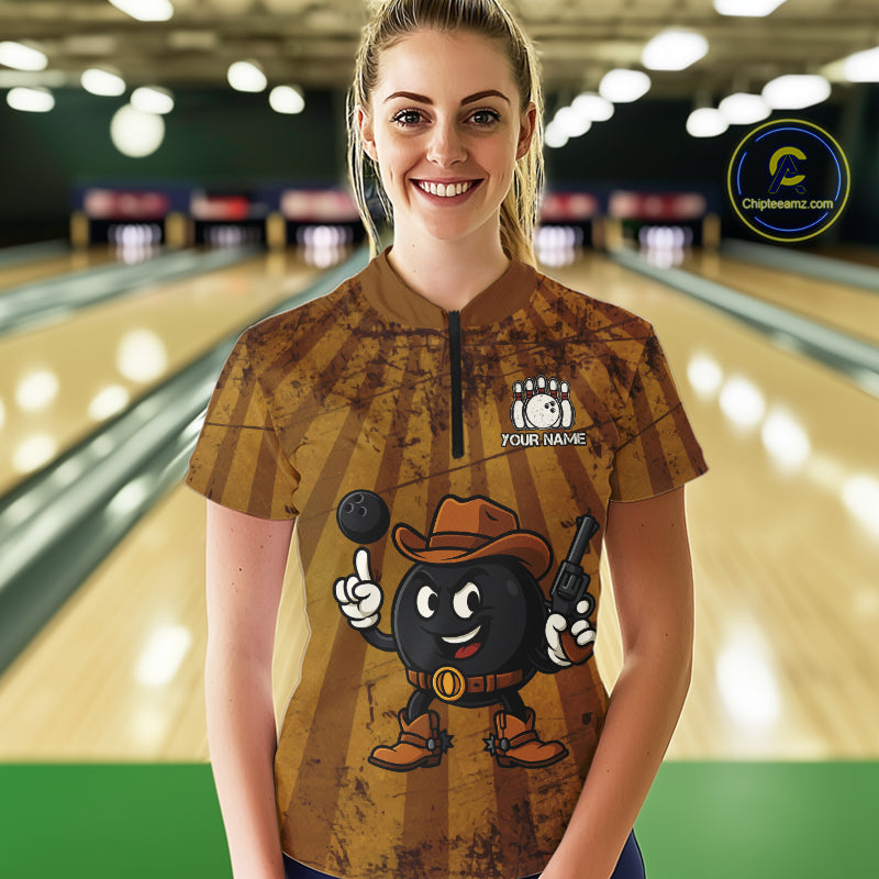Funny Bowling Cowboy vintage retro Bowling Shirt for Women Custom Team ladies bowling outfits | Brown NQS11128