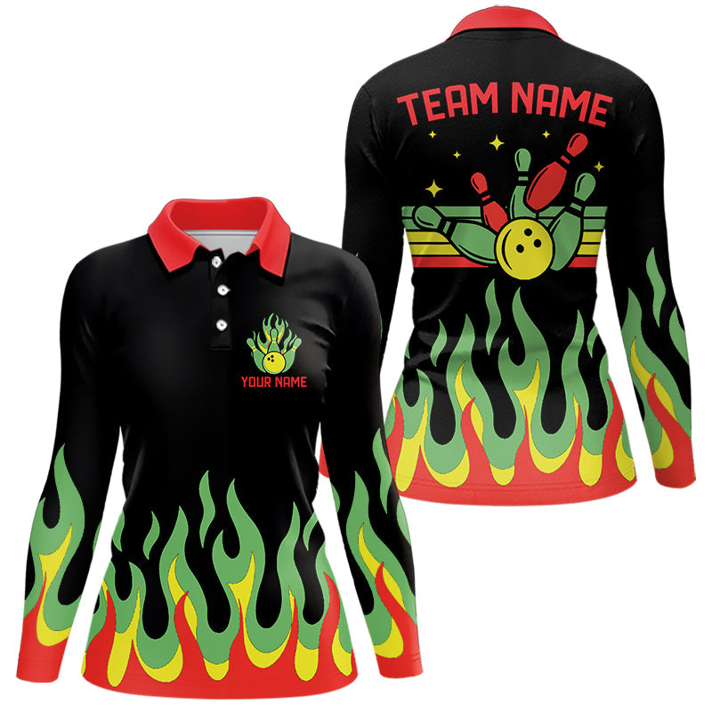 Black, Green and Red Flame Retro Bowling Polo, Quarter Zip Shirt for Women Custom Bowling Team Jerseys NQS9426