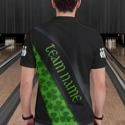 Black and Green Shamrock St Patrick Day Bowling Polo, 1/4 Zip Shirt for Men Custom Bowling Team Jersey NQS9434