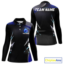 Load image into Gallery viewer, Black and blue Bowling Polo, Quarter Zip Shirts for Women Custom Team bowling shirts with flames NQS11531