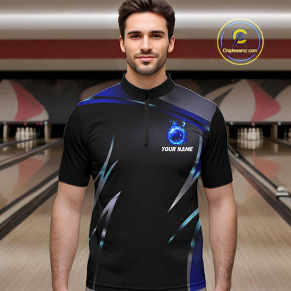 Black and blue Bowling Polo, Quarter Zip Shirts for Men Custom Team bowling shirts with flames NQS11531