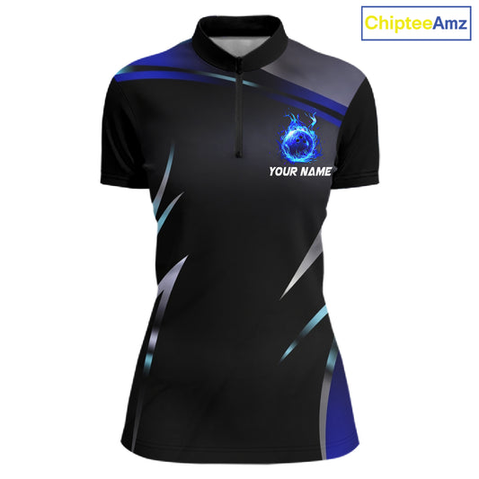 Black and blue Bowling Polo, Quarter Zip Shirts for Women Custom Team bowling shirts with flames NQS11531