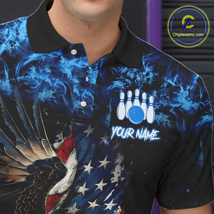 Blue Flame American Flag Eagle bowling shirts for Men Custom Bowling Team Jersey, gift for Bowler NQS9606