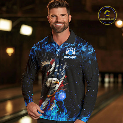 Blue Flame American Flag Eagle bowling shirts for Men Custom Bowling Team Jersey, gift for Bowler NQS9606