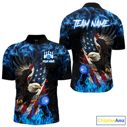 Blue Flame American Flag Eagle bowling shirts for Men Custom Bowling Team Jersey, gift for Bowler NQS9606