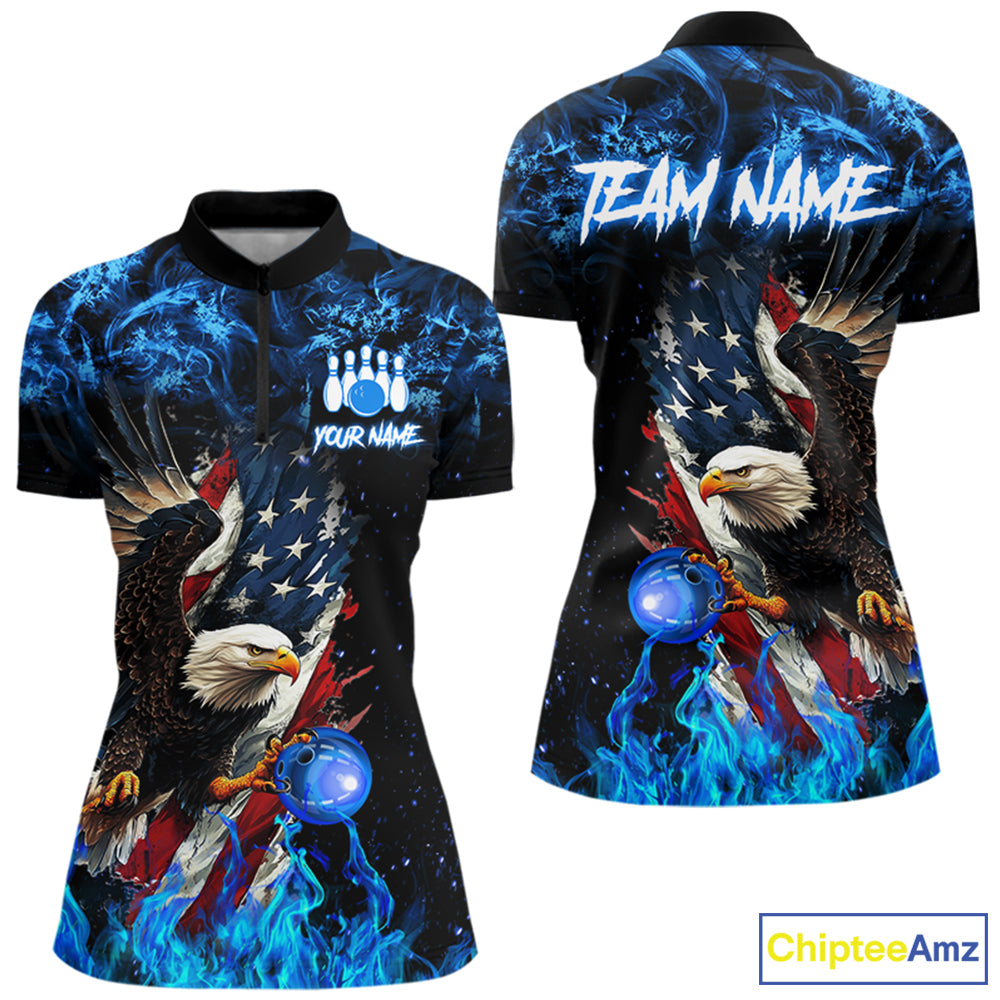 Blue Flame American Flag Eagle bowling shirts for Women Custom Bowling Team Jersey, gift for Bowler NQS9606