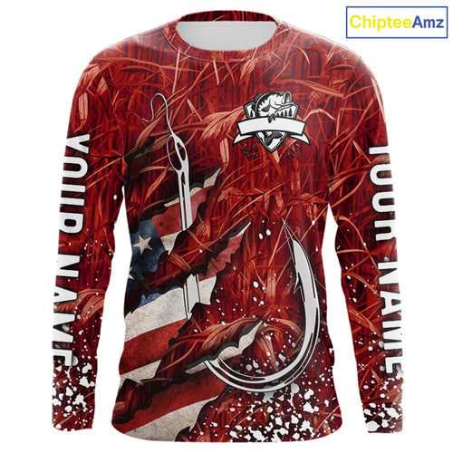 American flag fish hook red camo fishing custom sun protection performance long sleeve fishing shirt NQS10012