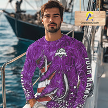 Load image into Gallery viewer, American flag fish hook purple camo custom sun protection performance long sleeve fishing shirt NQS10013