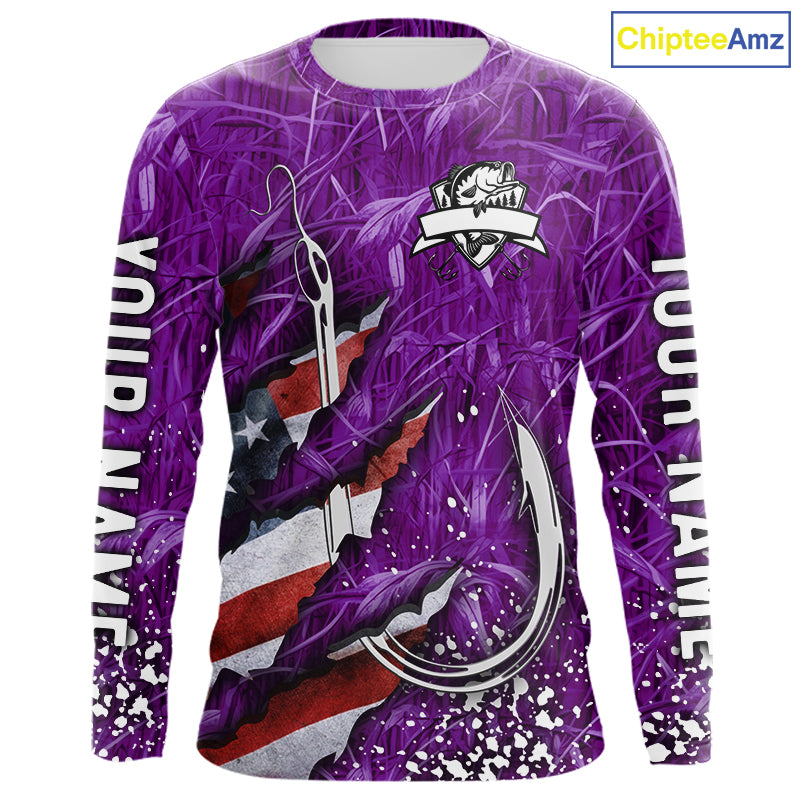 American flag fish hook purple camo custom sun protection performance long sleeve fishing shirt NQS10013