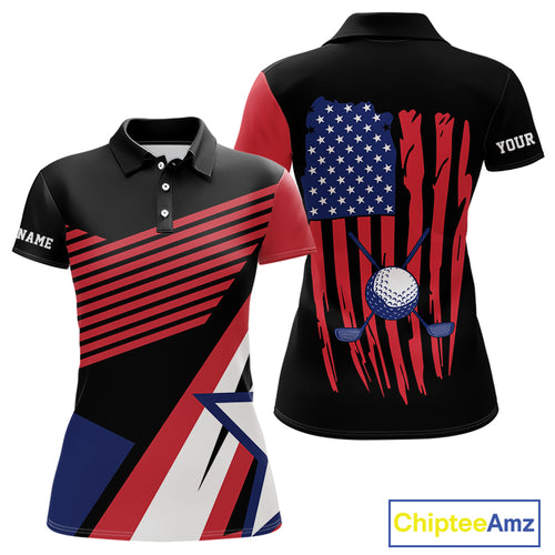 American Flag Golf polo shirts For Women custom patriotic golf top for ladies, golfing gifts | Black NQS10016